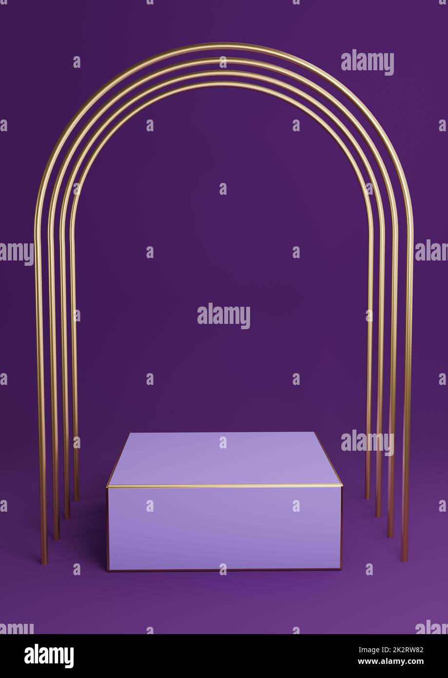 Dunkellila, violette 3D-Wiedergabe minimaler Produktpräsentation Würfelpodest oder Ständer mit luxuriösen goldenen Bögen und goldenen Linien. Einfache abstrakte Hintergrundkomposition. Stockfoto