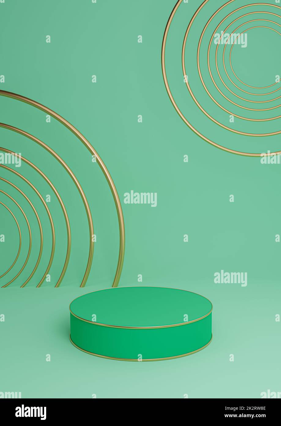 Leuchtendes türkisfarbenes Grün 3D für minimales Produktdisplay luxuriöses Zylinderpodium oder Produkthintergrund abstrakte Komposition mit goldenen Linien und Kreisen Stockfoto