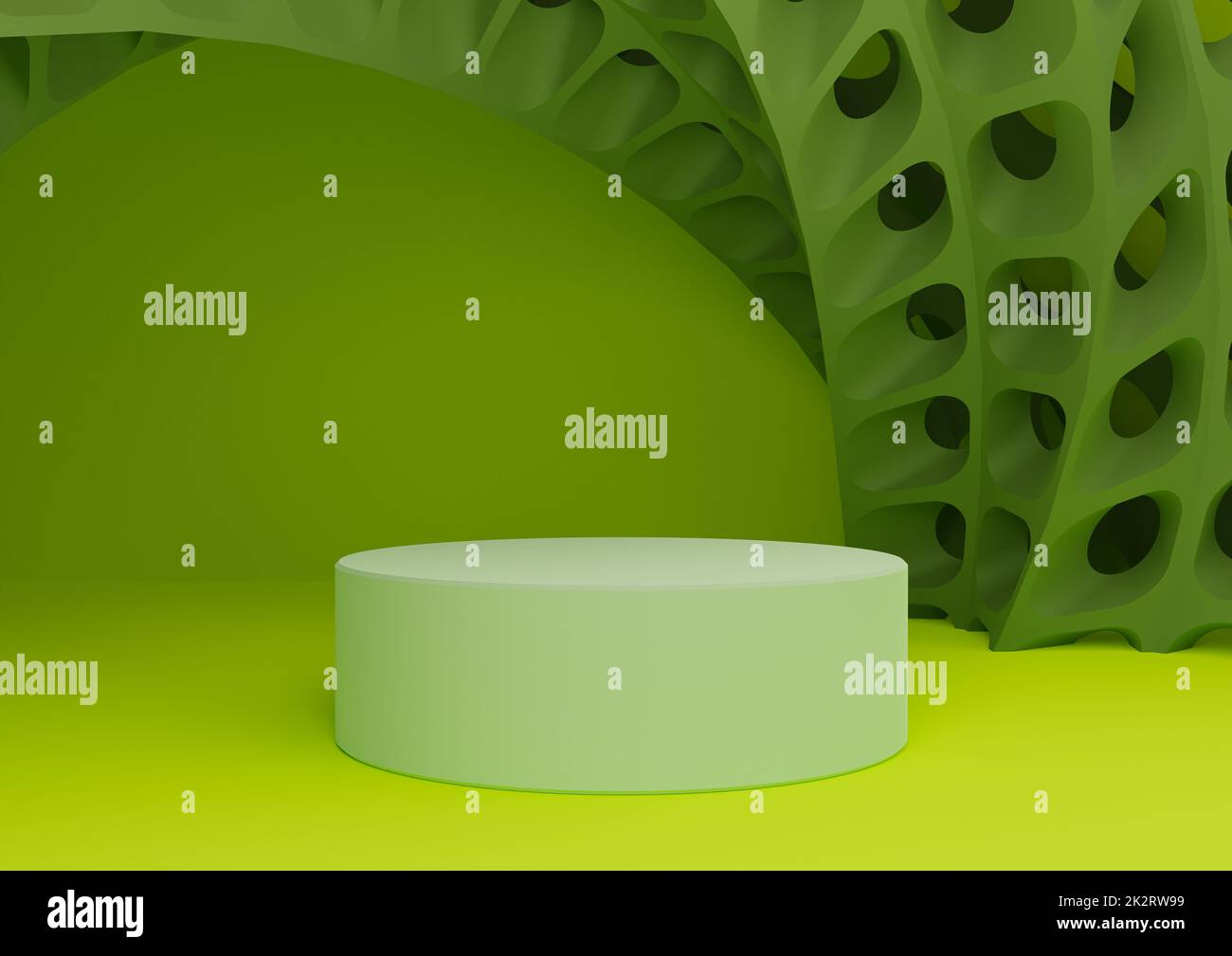 Helle, limitierte, neongrüne 3D-Darstellung mit Zylinderständer oder -Podium und futuristischen abstrakten geometrischen Formen Moderne Vorlage für minimale Komposition im Hintergrund Stockfoto