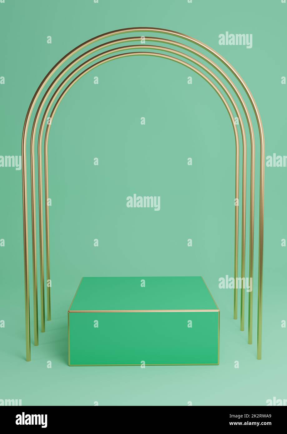 Leuchtendes türkisfarbenes Grün 3D für minimalistische Produktpräsentation, Würfeltreppchen oder Ständer mit luxuriösen goldenen Bögen und goldenen Linien. Einfache abstrakte Hintergrundkomposition. Stockfoto