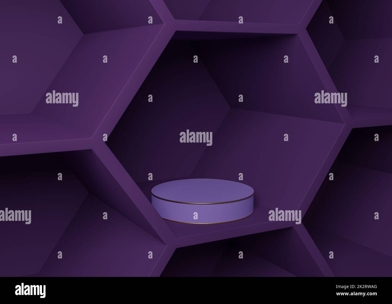 Dark Purple, Violet 3D-Rendering-Produkt mit Wabenmuster abstrakter Hintergrund für Produktfotografie Natur, geometrische, einfache Vorlage Zylinderplattform Podium oder Ständer Stockfoto