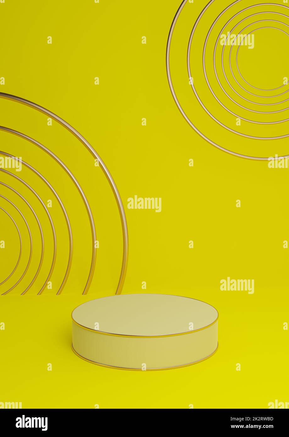 Leuchtendes Neongelb 3D für minimale Produktdarstellung luxuriöses Zylinderpodium oder Produkthintergrund abstrakte Komposition mit goldenen Linien und Kreisen Stockfoto