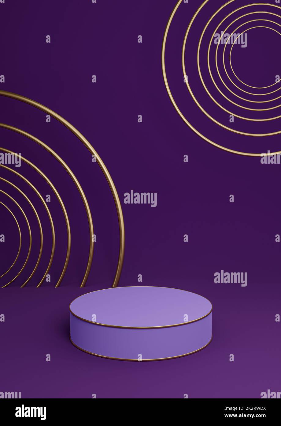 Dunkelviolett, violett, 3D-Darstellung minimales Produkt zeigt luxuriöses Zylinderpodium oder Produkthintergrund abstrakte Komposition mit goldenen Linien und Kreisen Stockfoto