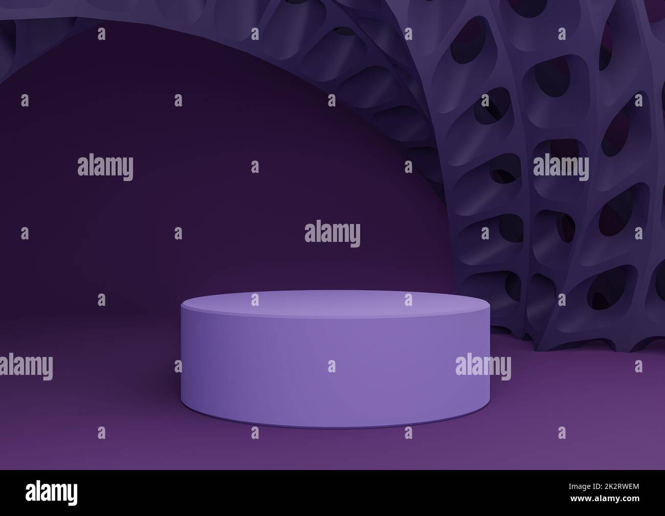Dark Purple, Violet 3D-Rendering-Produktanzeige mit Zylinderständer oder -Podium und futuristischen abstrakten geometrischen Formen Moderne Vorlage für minimale Komposition im Hintergrund Stockfoto