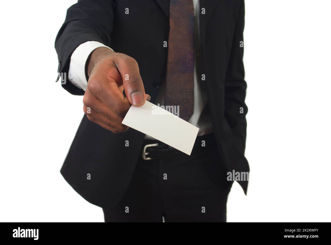 Ein Mann, der Businesscard-Anzug gibt und ein Krawatte-Mann, der Karten-Firmen-Marketing hält Stockfoto