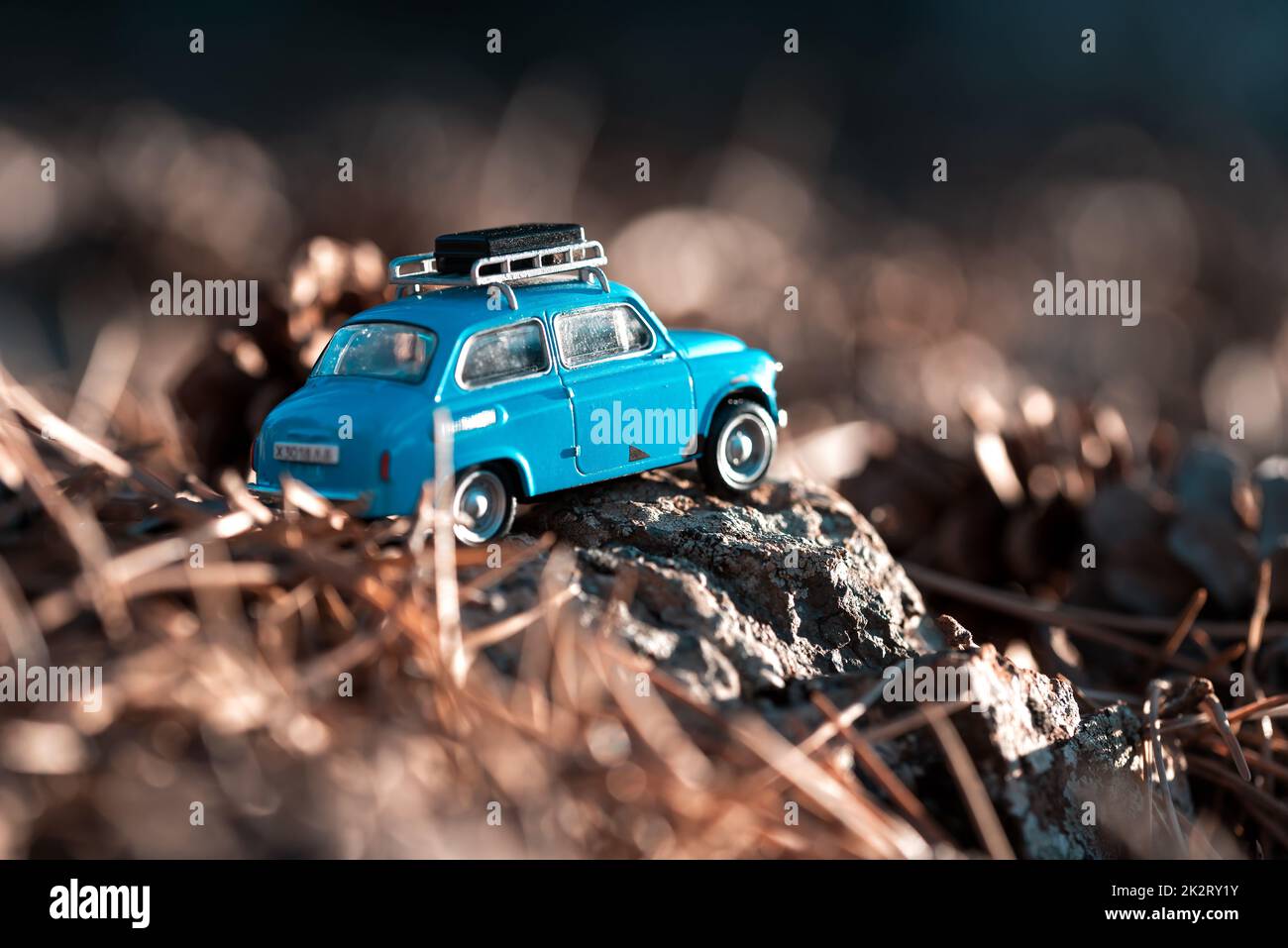 Oldtimer mit Dachgepäckträger im Wald Stockfoto