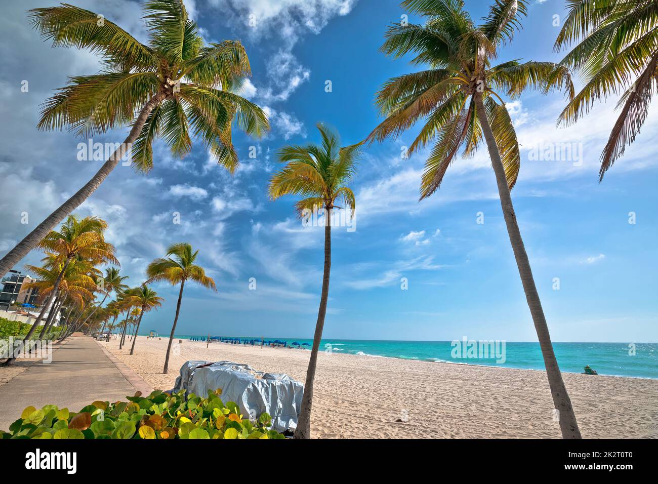 Türkisfarbener Sandstrand und Blick auf das Wasser in Hollywood, Florida Stockfoto