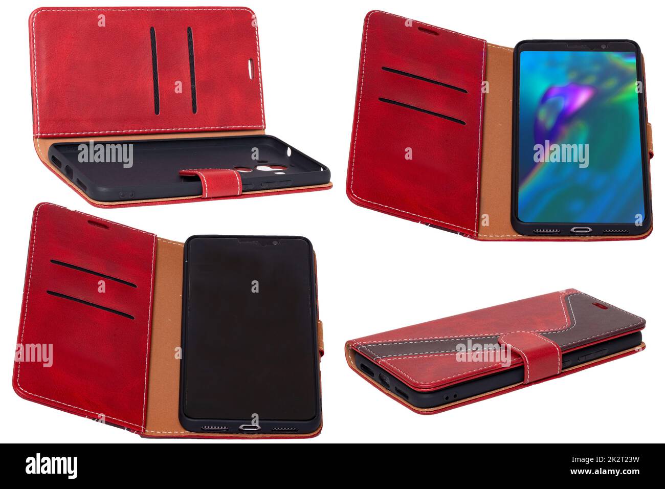 Handyhülle isoliert. Nahaufnahme eines Smartphones in einer Handytasche aus rotem braunem Leder mit Magnetverschluss in vier Ansichten isoliert auf Weiß. Klappdeckel. Makro. Stockfoto