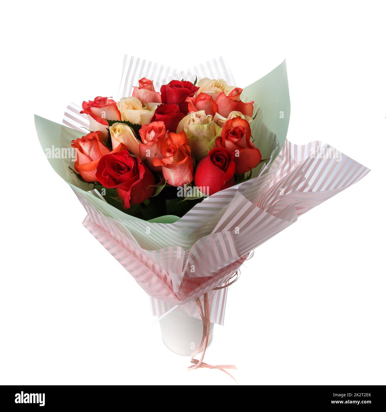 Strauß bunter Rosen auf weißem Hintergrund. Stockfoto