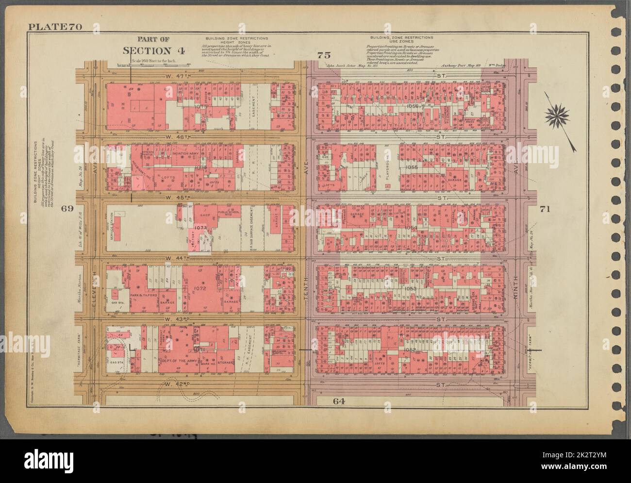 Kartografisch, Karten. 1955 - 1956. Lionel Pincus und Princess Firyal Map Division. Immobilien , New York (Bundesstaat) , New York (N.Y.), Manhattan (New York, N.Y.) Tafel 70, Teil von Abschnitt 4: Begrenzt durch W. 47. Street, Ninth Avenue, W. 42. Street und Eleventh Avenue. Stockfoto