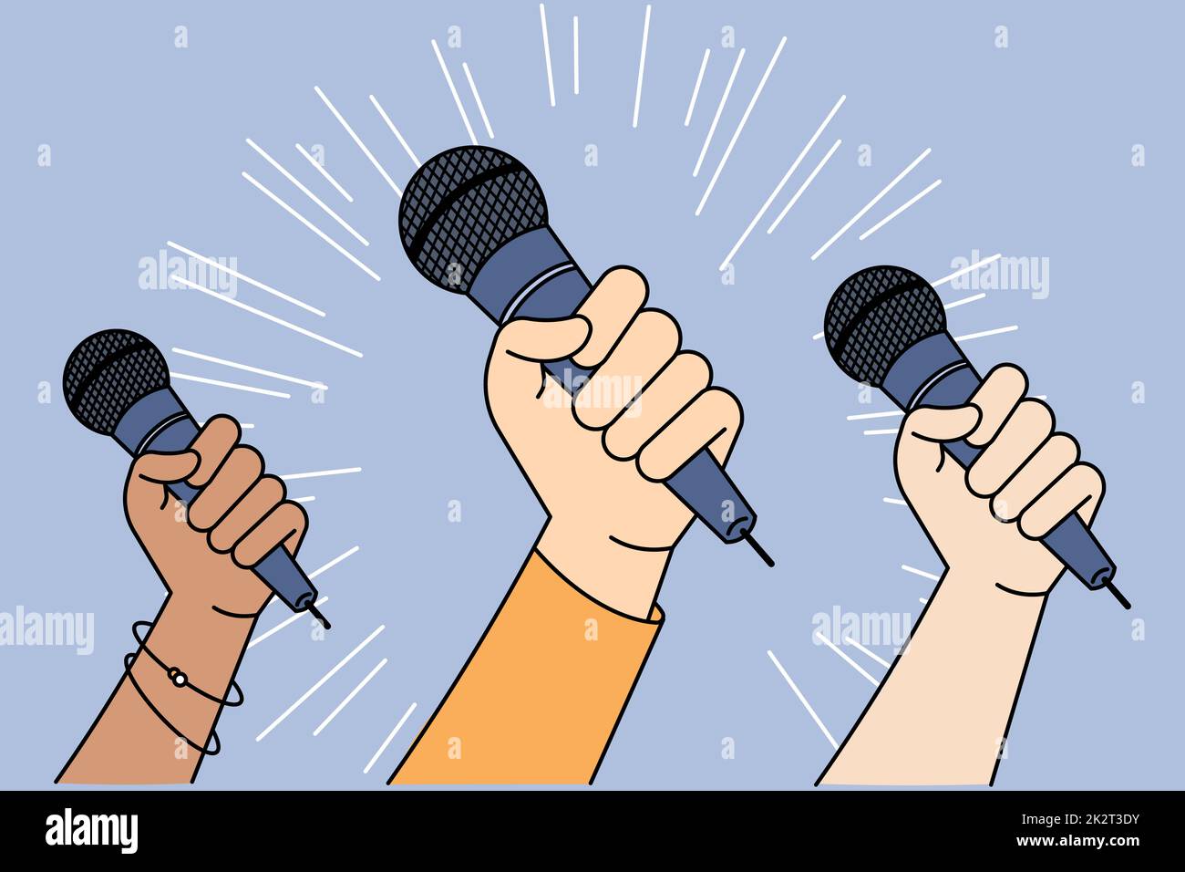 Verschiedene Menschen mit Mikrofonen setzen auf Sprachfreiheit Stockfoto
