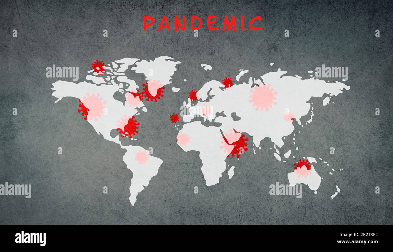 Weltkarte, Pandemie steht auf dem strukturierten Hintergrund, Ausbruch des Covid-19- und Monkeypox-Virus, Infektionskrankheit breitet sich aus Stockfoto