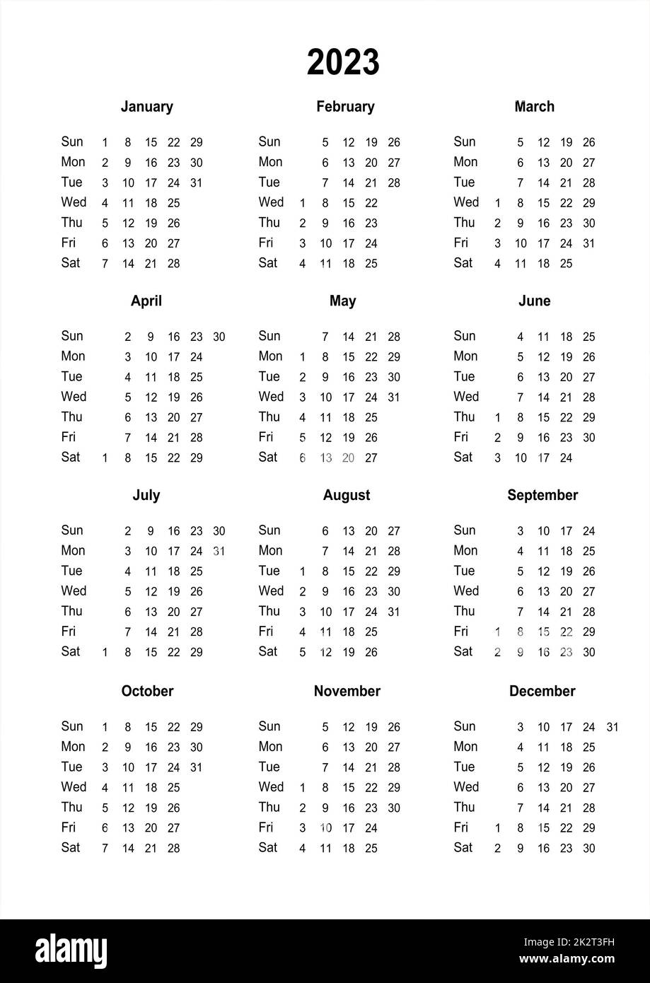Kalender 2023. Druckbarer Kalender für 2023. Minimalistischer Style Stockfoto