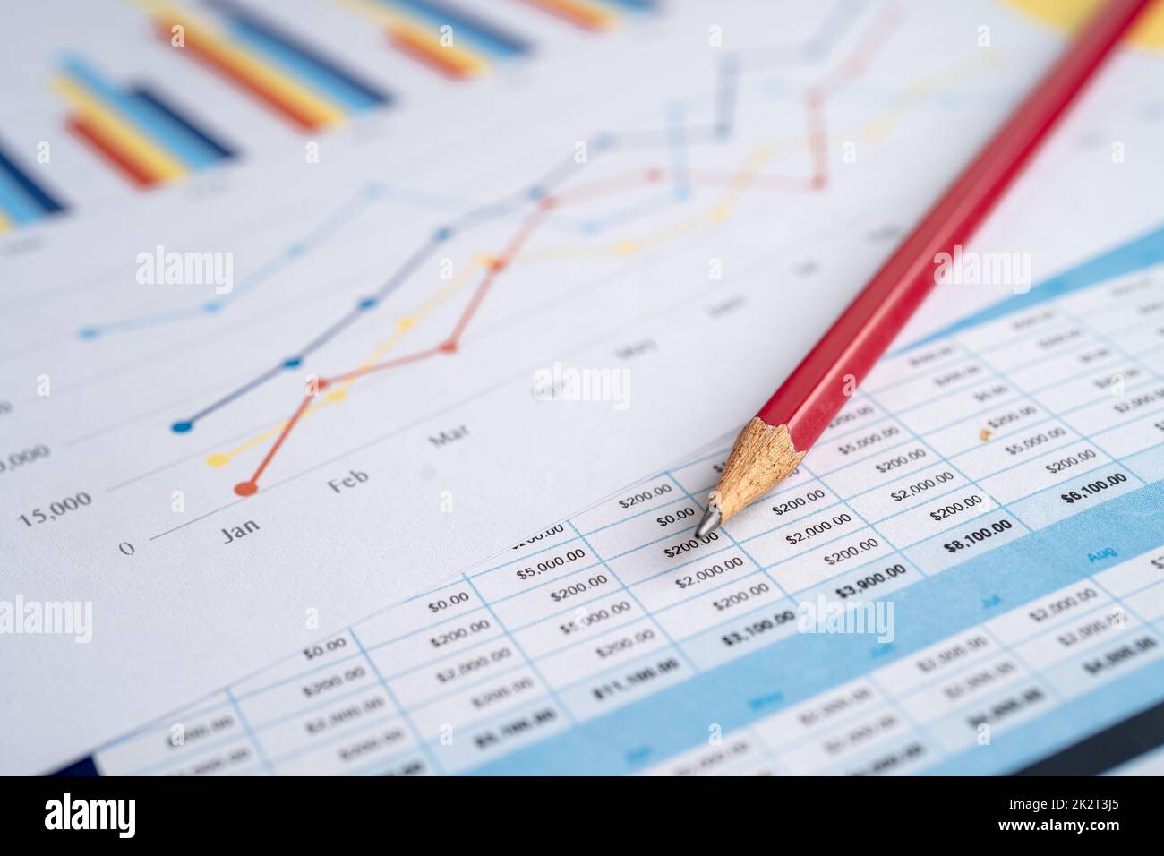 Bleistift auf Karten und Diagrammpapier. Finanzen, Konten, Statistiken, analytische Forschungsdatenwirtschaft, Börsenhandel und Tagungskonzept für Unternehmen Stockfoto