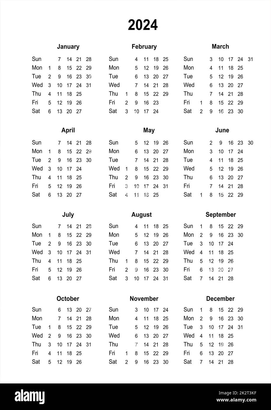 Kalender 2024. Druckbarer Kalender für 2024. Minimalistischer Style. Jahreskalender Stockfoto