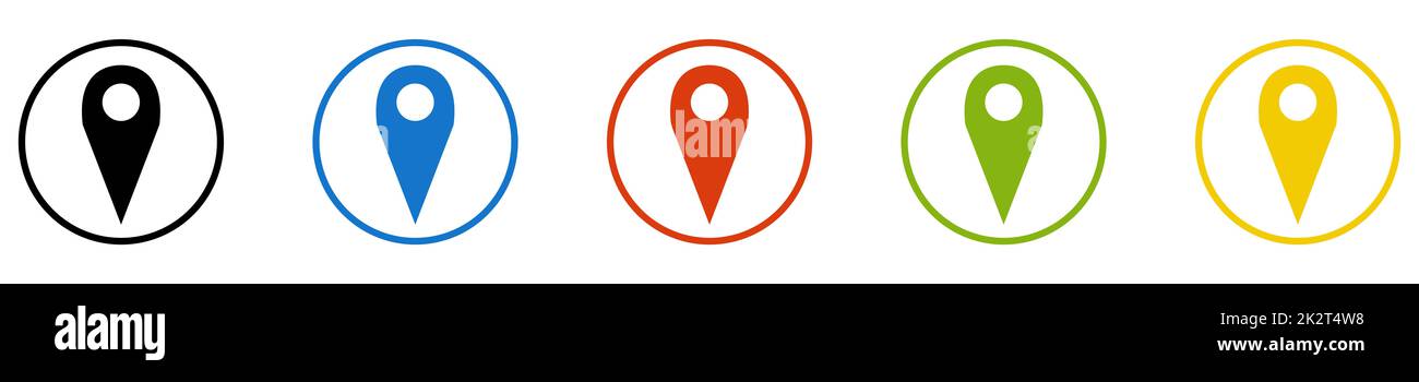 Kollektion mit runden Knöpfen – Stift- oder Positionssymbol in schwarzen, blauen, roten, grünen und gelben Kreisen Stockfoto