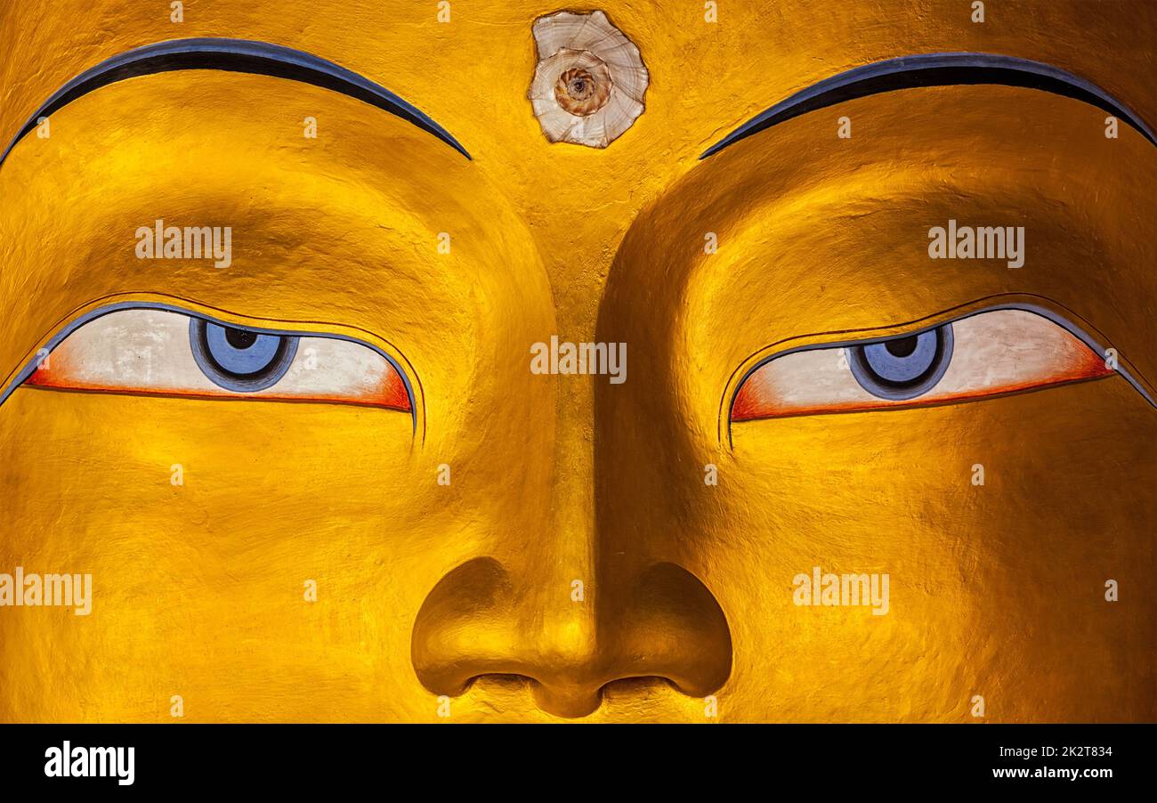 Maitreya Buddha Gesicht nah oben, Ladakh Stockfoto