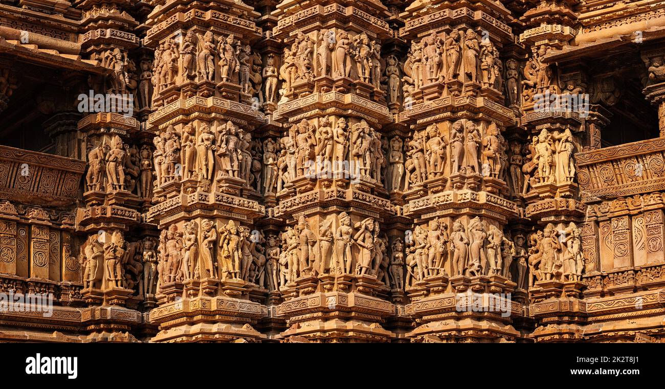Berühmten Stein schnitzen Skulpturen von Khajuraho Stockfoto