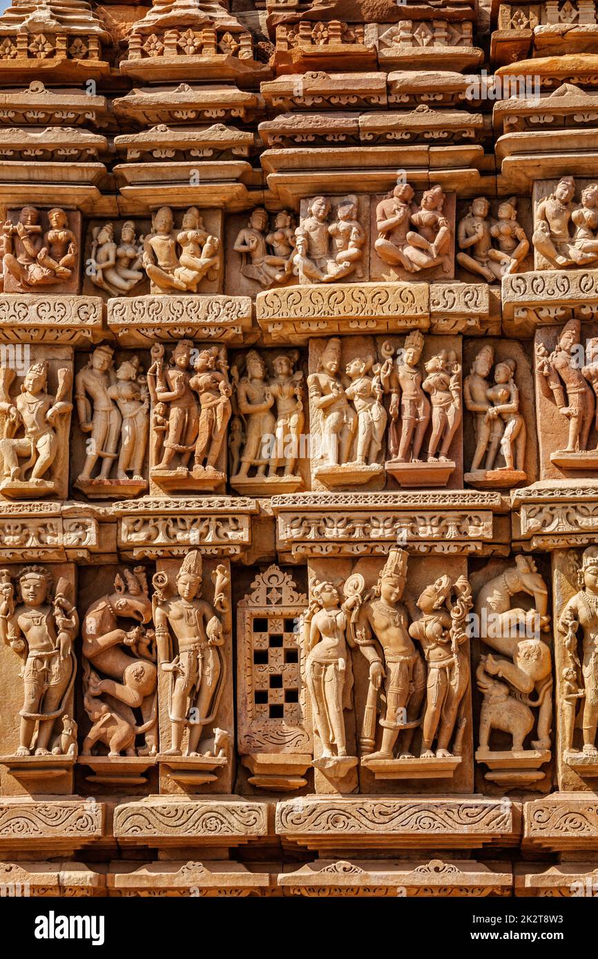 Skulpturen am Tempel von Khajuraho Stockfoto