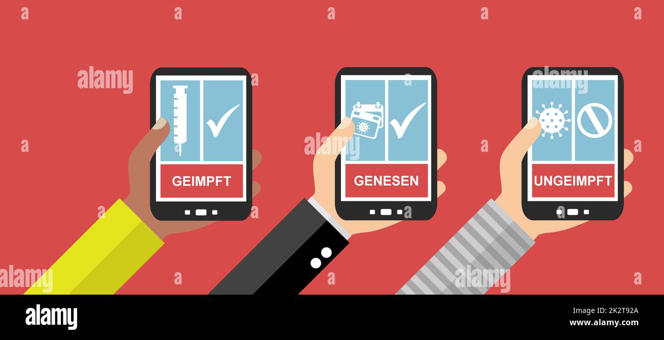 Proof on Smartphone: Geimpft, geheilt oder ungeimpft deutsch Stockfoto