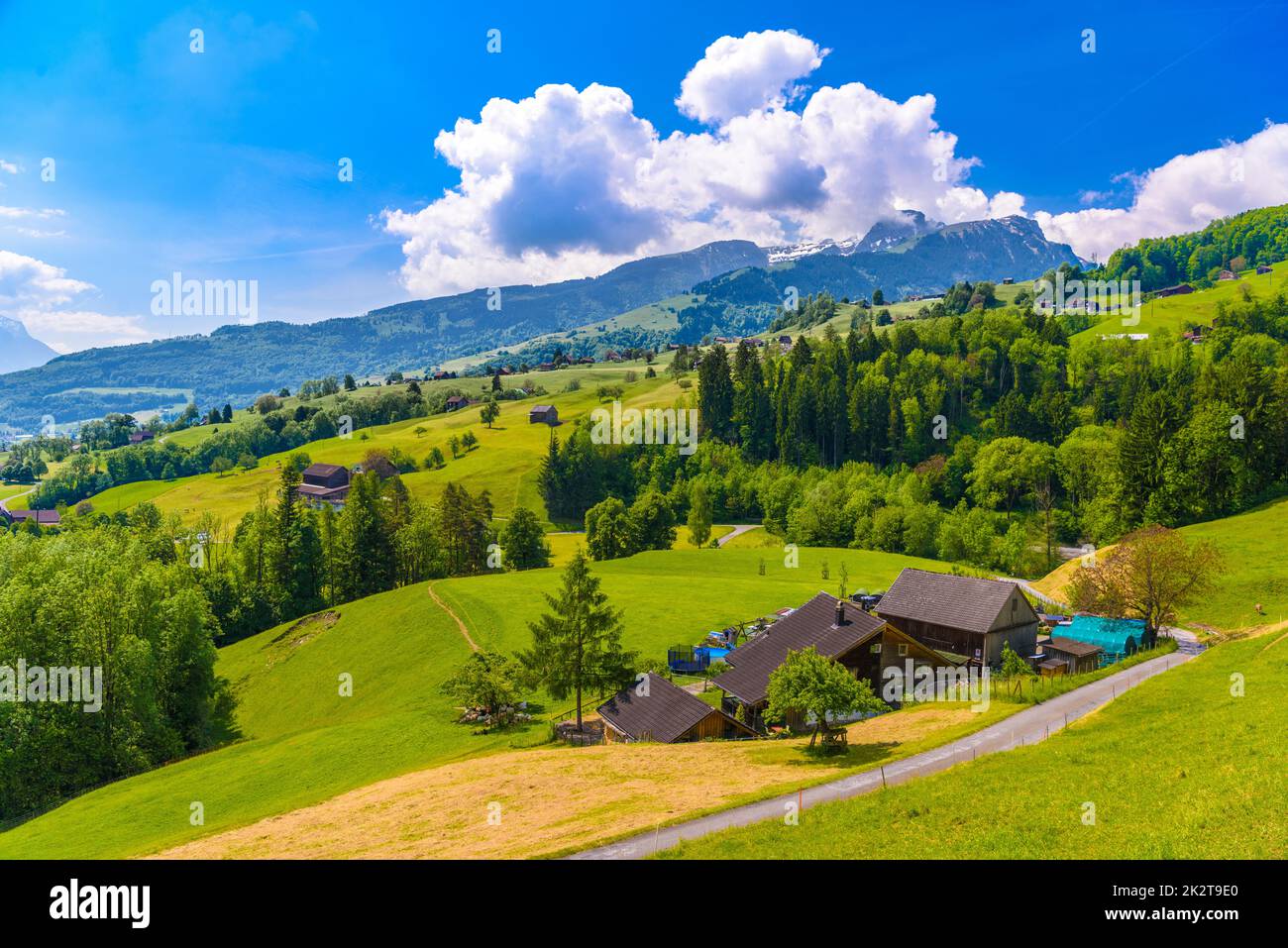 Holzhäuser auf grünen Feldern, Grabs, Werdenberg, St. Ga Stockfoto