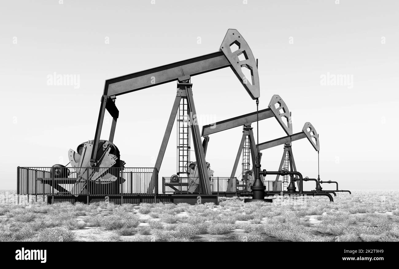 Ölpumpen in einer schwarz-weißen Landschaft Stockfoto