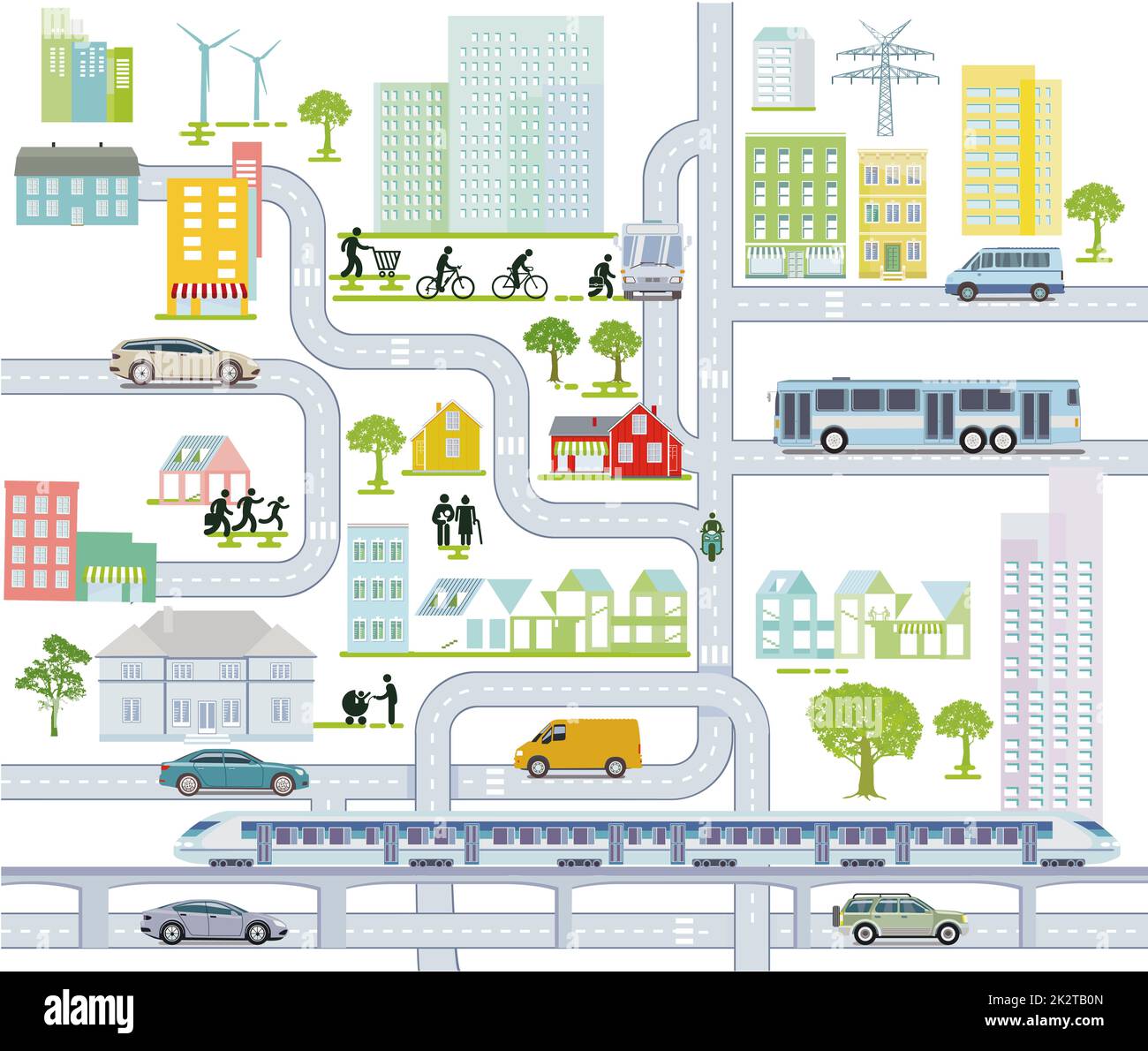 Stadtplan mit Straßenverkehr und Häusern, Informationsdarstellung Stockfoto