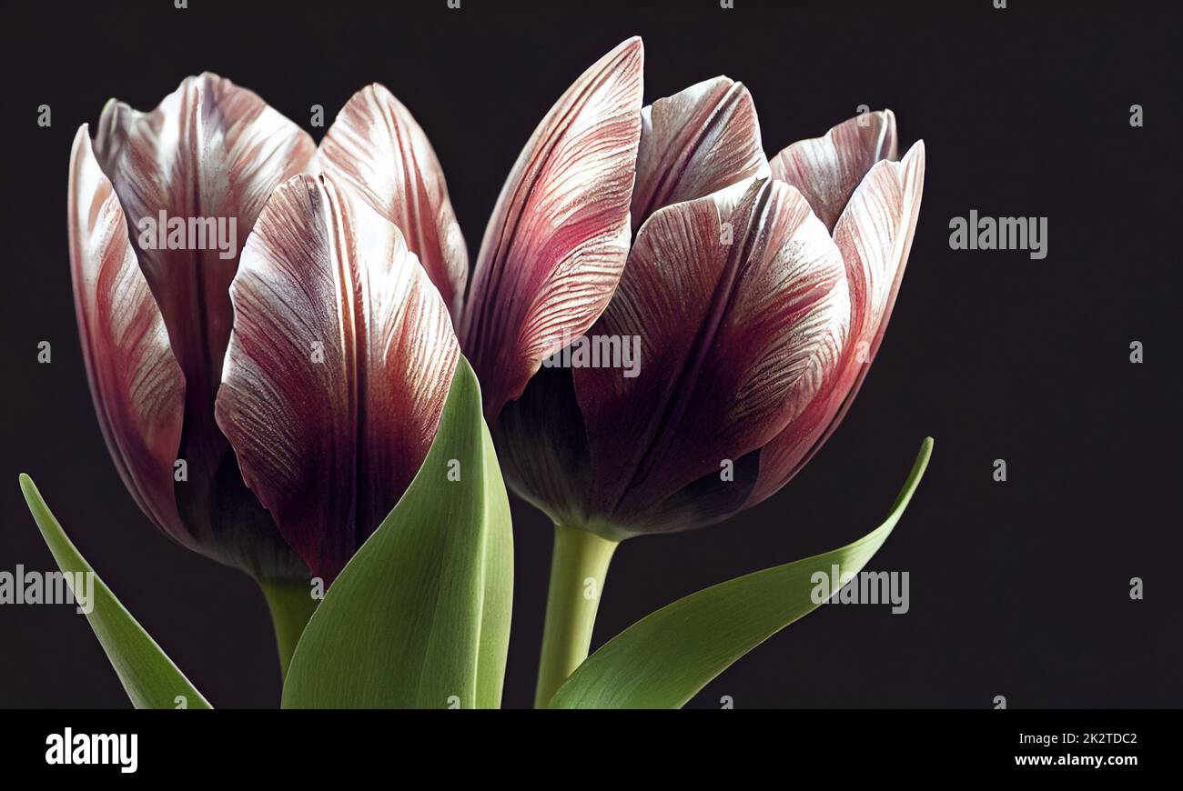 Nahaufnahme Tulpenblüten auf schwarzem Hintergrund. Stockfoto