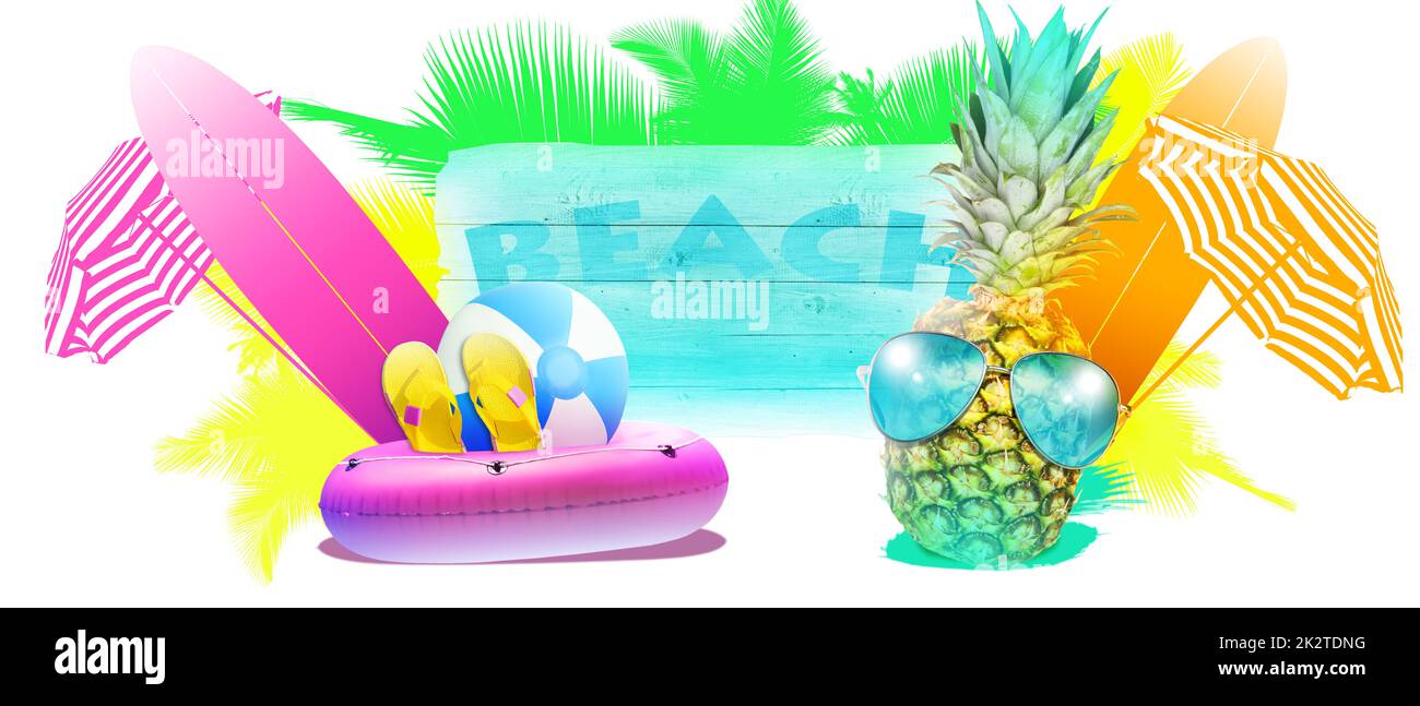 Kreative Ananas mit Sonnenbrille auf Sommerhintergrund. Stockfoto