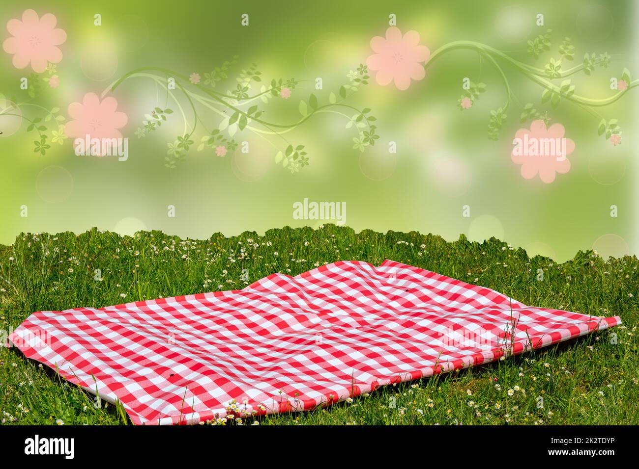 Rotes Picknicktuch. Rote karierte Picknickdecke auf einer Wiese mit blühenden Gänseblümchen und abstraktem Frühlingshintergrund. Schöner Hintergrund für die Produktplatzierung oder -Montage. Stockfoto