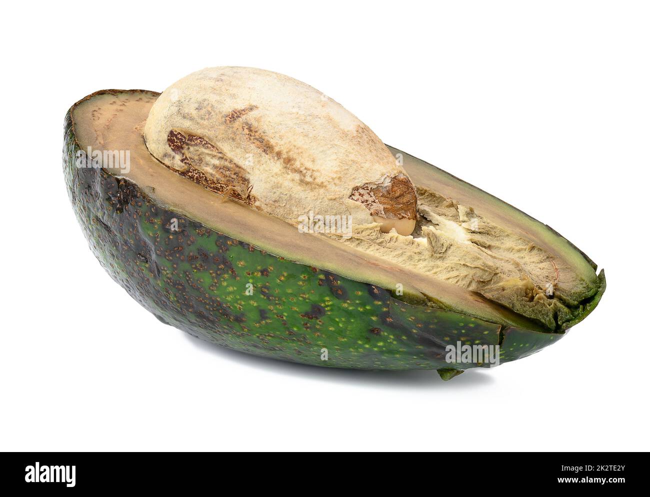 Halb verfaulte Avocado mit isolierter Grube auf weißem Hintergrund Stockfoto