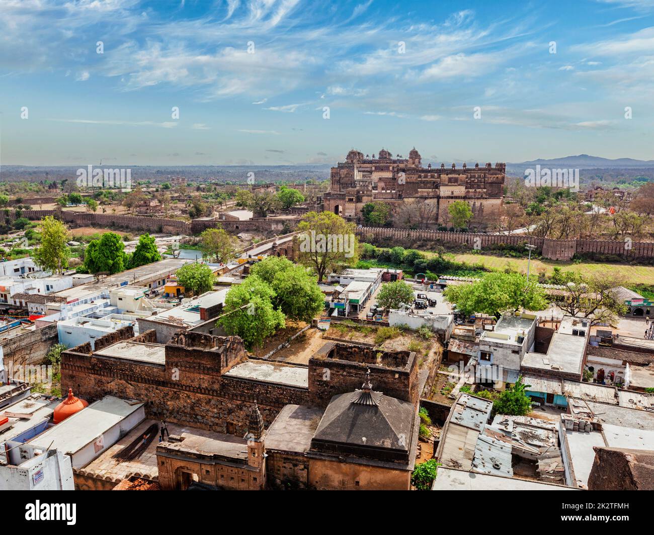 Luftbild von Orchha Dorf und Schloss Stockfoto