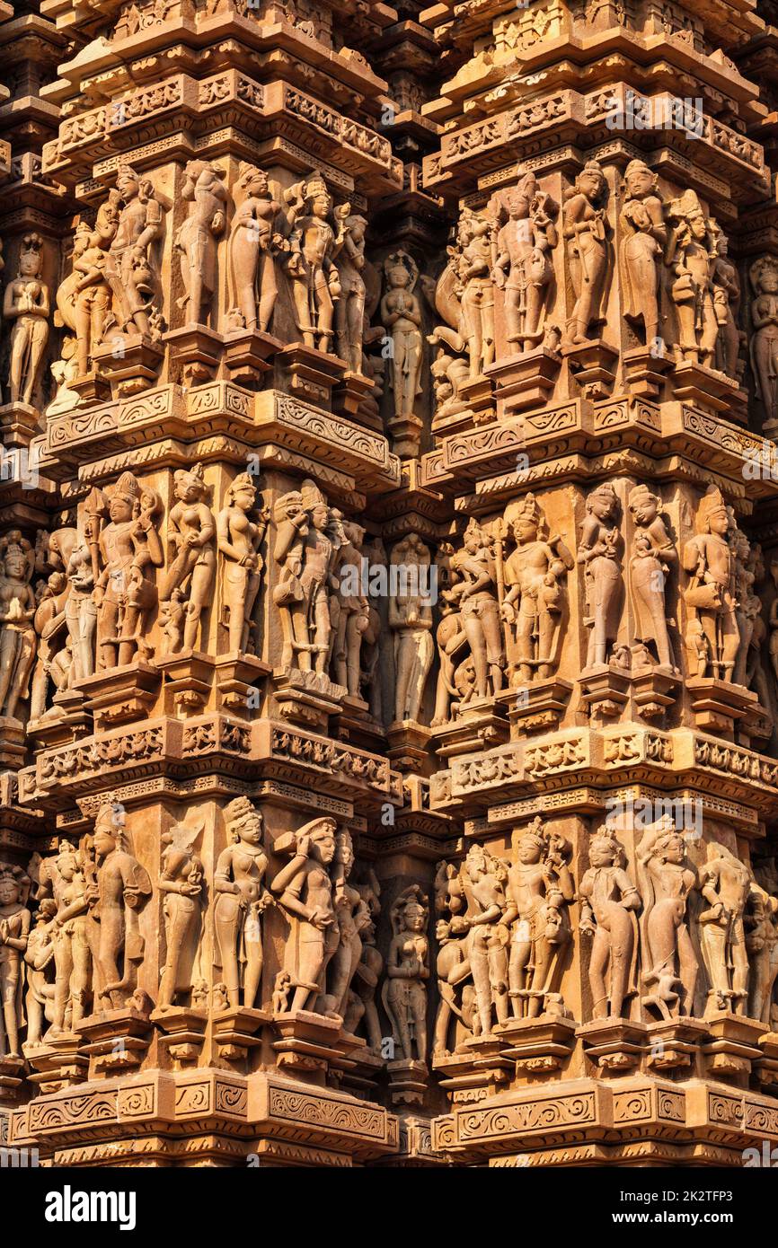 Berühmte Skulpturen von Khajuraho Tempel, Indien Stockfoto