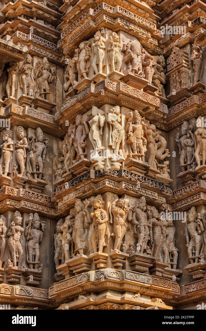 Berühmte Skulpturen von Khajuraho Tempel, Indien Stockfoto