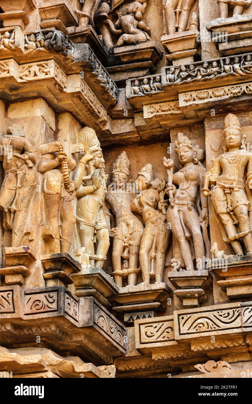 Berühmte Skulpturen von Khajuraho Tempel, Indien Stockfoto