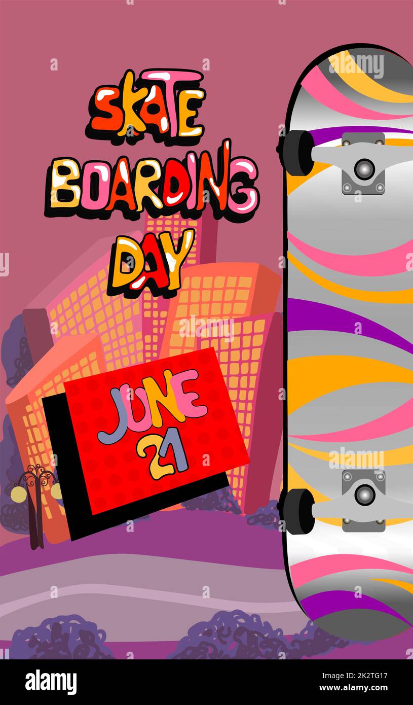 Gehen Sie Skateboarden Tag. Schriftzeichen. Poster-Design-Illustration. Lustiges Skateboard. Skate Park Logo. Vektordarstellung Stockfoto