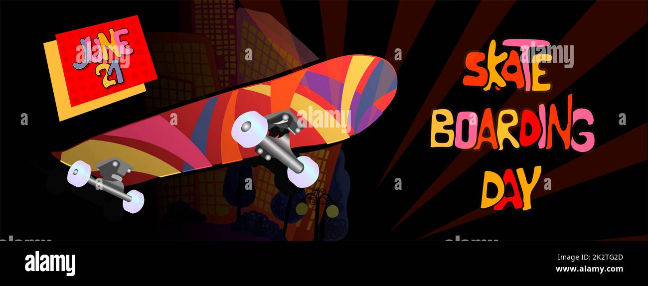 Gehen Sie Skateboarden Tag. Schriftzeichen. Poster-Design-Illustration. Lustiges Skateboard. Skate Park Logo. Vektordarstellung Stockfoto