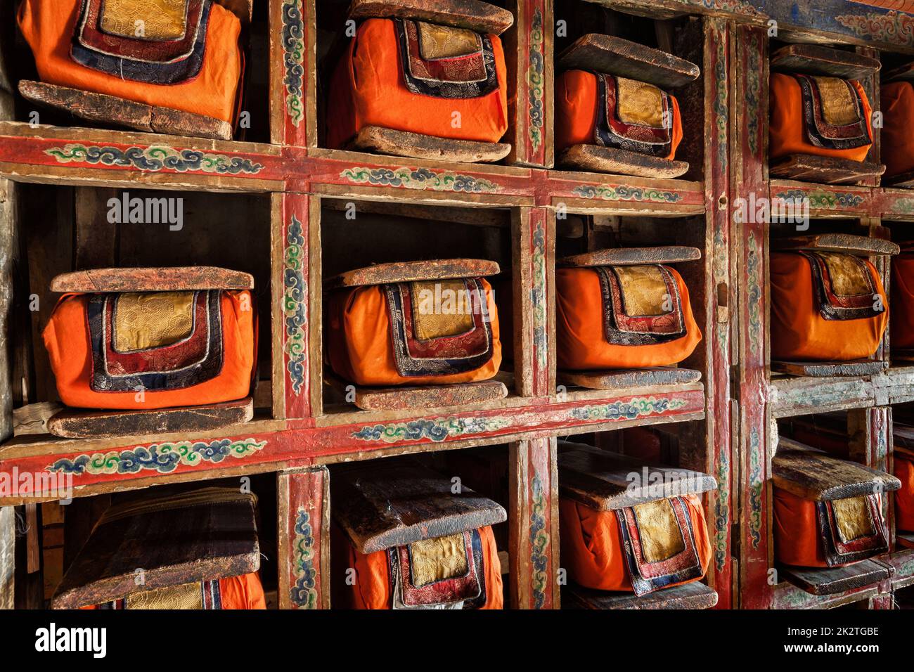 Alte Handschriften Folianten in Bibliothek von Thikse Kloster. Ladaks Stockfoto