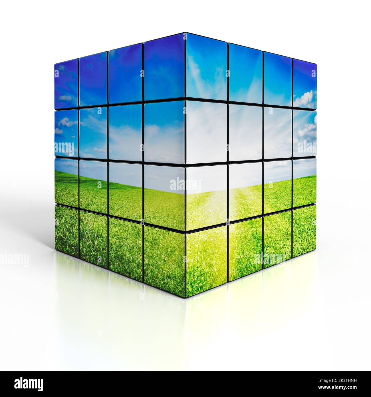 Würfel mit Naturlandschaft auf weißem Hintergrund Stockfoto
