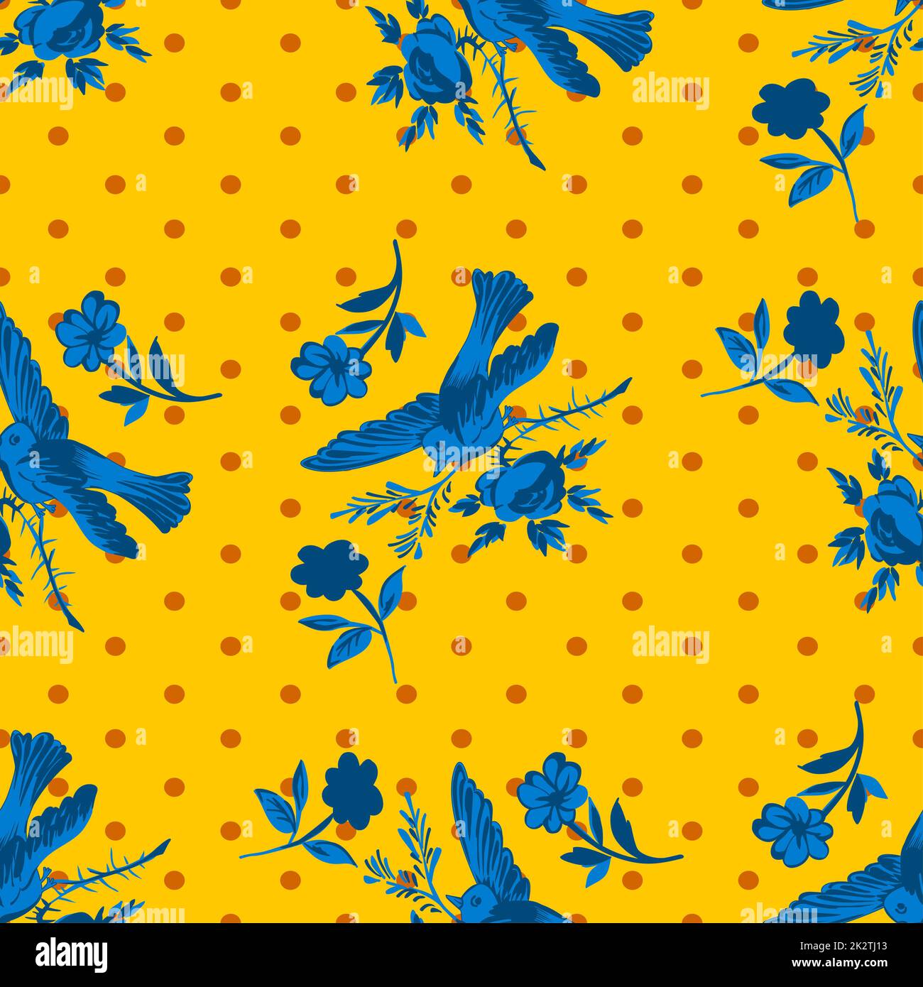 Handgezeichneter Vogel, der mit Blumenrosen auf einem Hintergrund mit Punktmuster fliegt. Nahtloser tropischer Vintage-Druck. Vektorbild für Design, Mode, Textil, Grußkarte, Einladung, Geschenkpapier Stockfoto