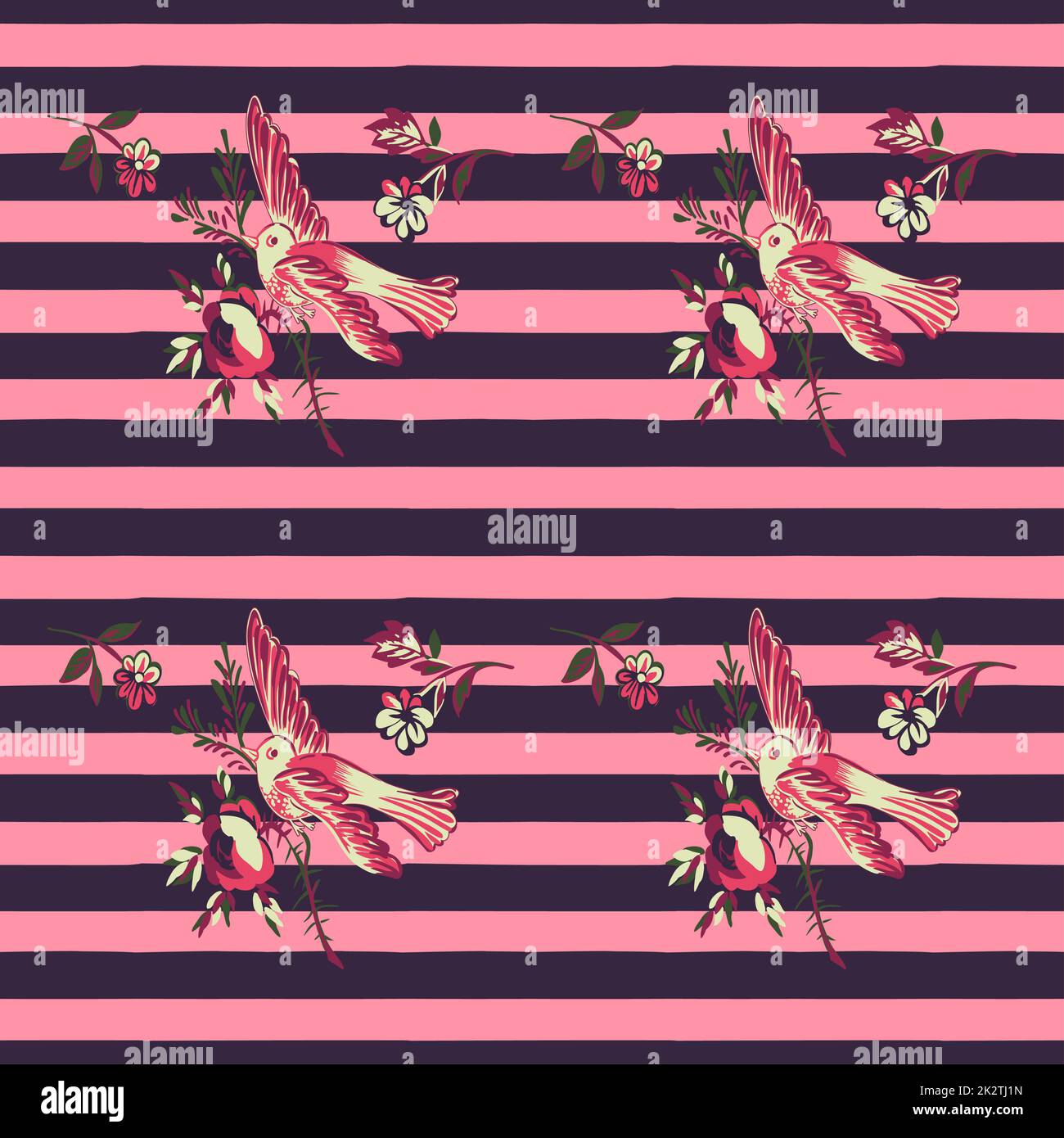 Handgezeichneter Vogel mit Blumenrosen auf gestreiftem pinkfarbenem Hintergrund. Nahtloser tropischer Vintage-Druck. Vektordarstellung für Design, Mode, Textil, Grußkarte, Stoff, Geschenkpapier Stockfoto
