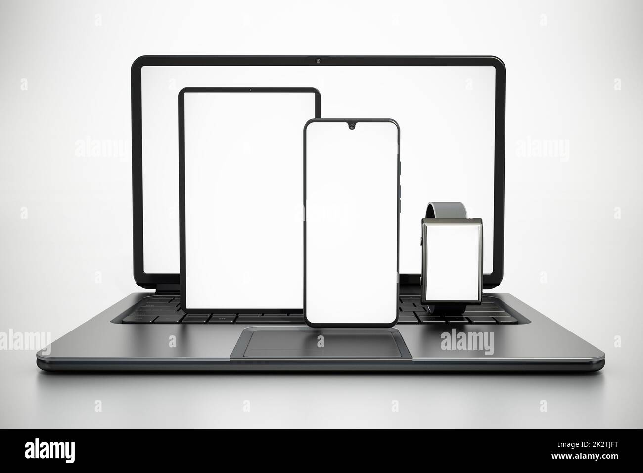 Mobilgeräte mit leeren Bildschirmen, isoliert auf weißem Hintergrund. 3D Abbildung Stockfoto