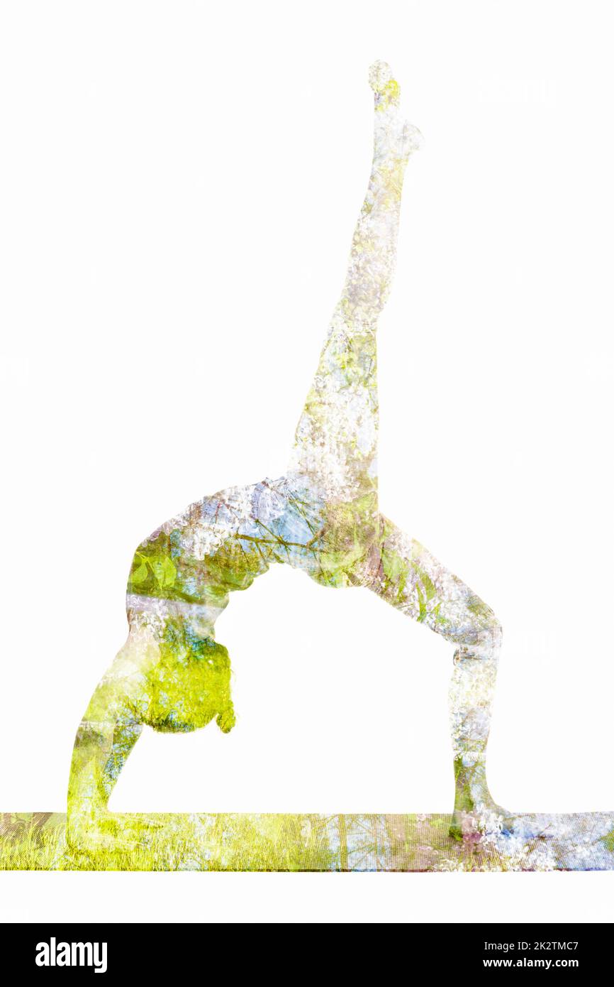 Doppelbelichtung einer Yoga-Asana-Frau Stockfoto