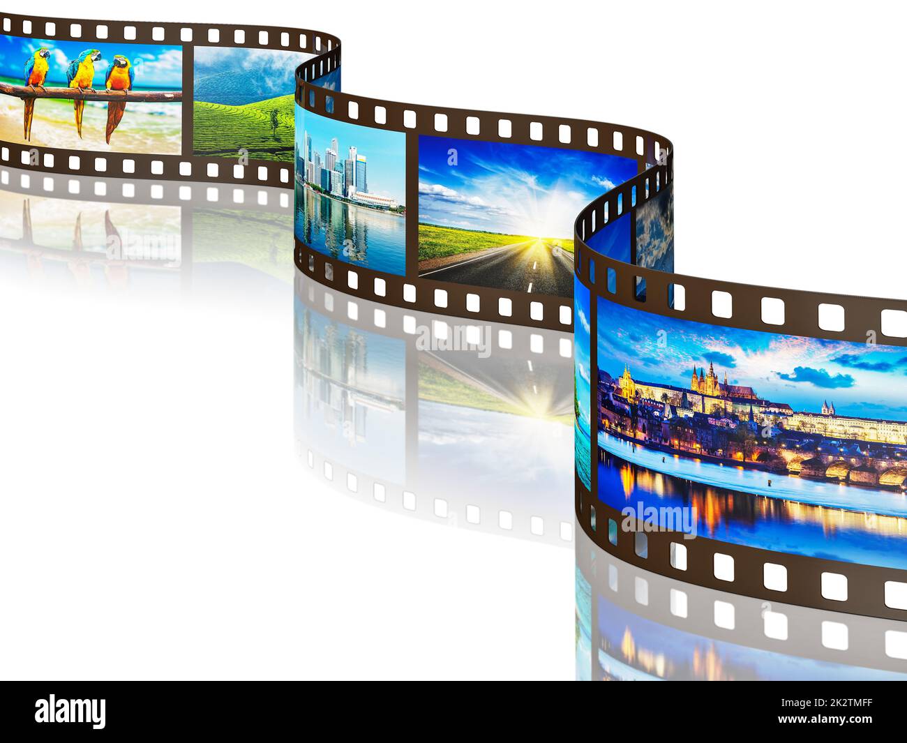 Fotofilm mit Reisebildern auf Weiß Stockfoto