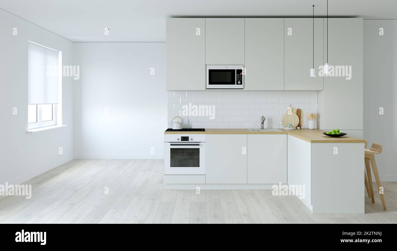 Küchenausstattung. 3D Rendering einer hellen Küche. Stockfoto