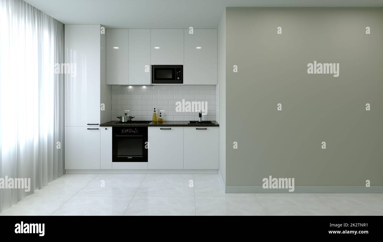 Küchenausstattung. 3D Rendering einer hellen Küche. Stockfoto