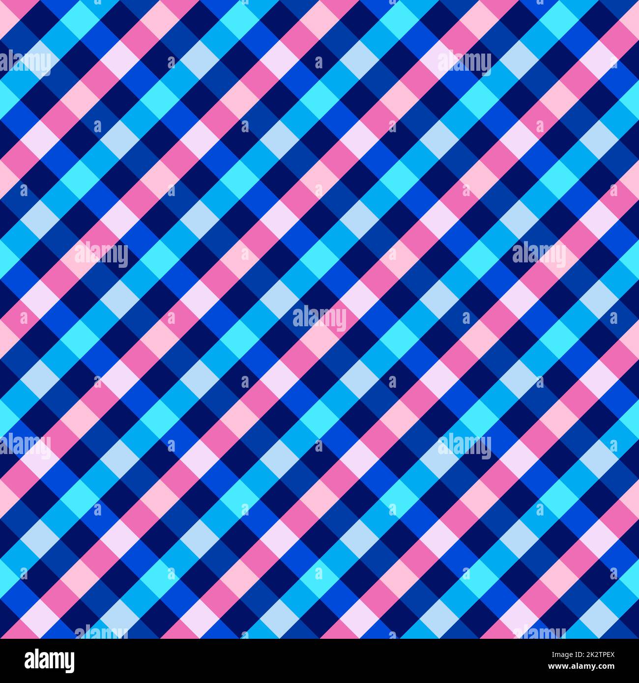 Nahtloses Muster. Klassische Zelle diagonal. Kontrastierende diagonale Linien in Rosa und Blau auf dunkelblauem Hintergrund. Stockfoto