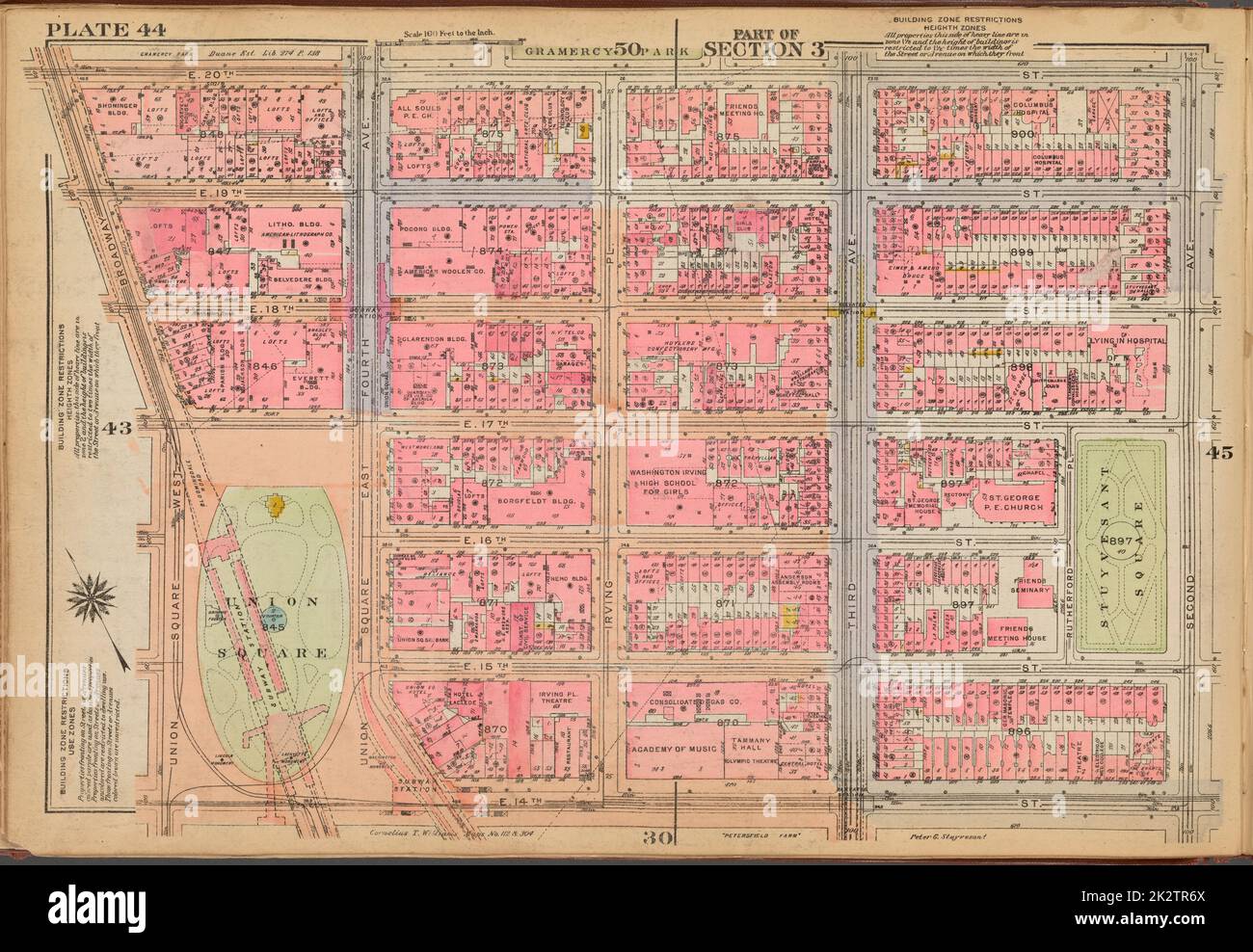 Kartografisch, Karten. 1921 - 1923. Lionel Pincus und Princess Firyal Map Division. Immobilien , New York (Bundesstaat) , New York, Manhattan (New York, N.Y.) Tafel 44: Begrenzt durch E. 20. Street, Second Avenue, E. 14. Street, Union Square West und Broadway Stockfoto