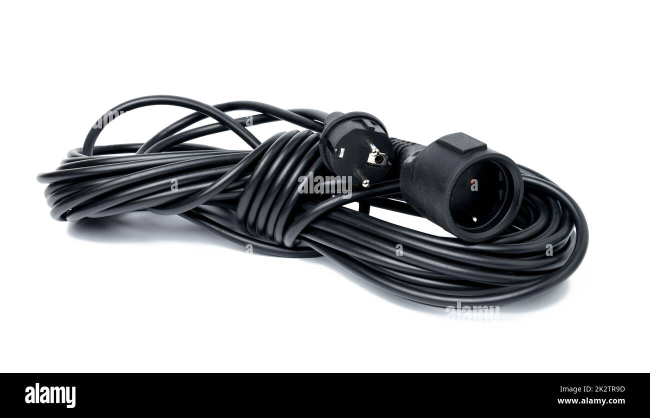 Schwarze Steckdosenleiste für elektrische Geräte auf weißem Hintergrund isoliert Stockfoto