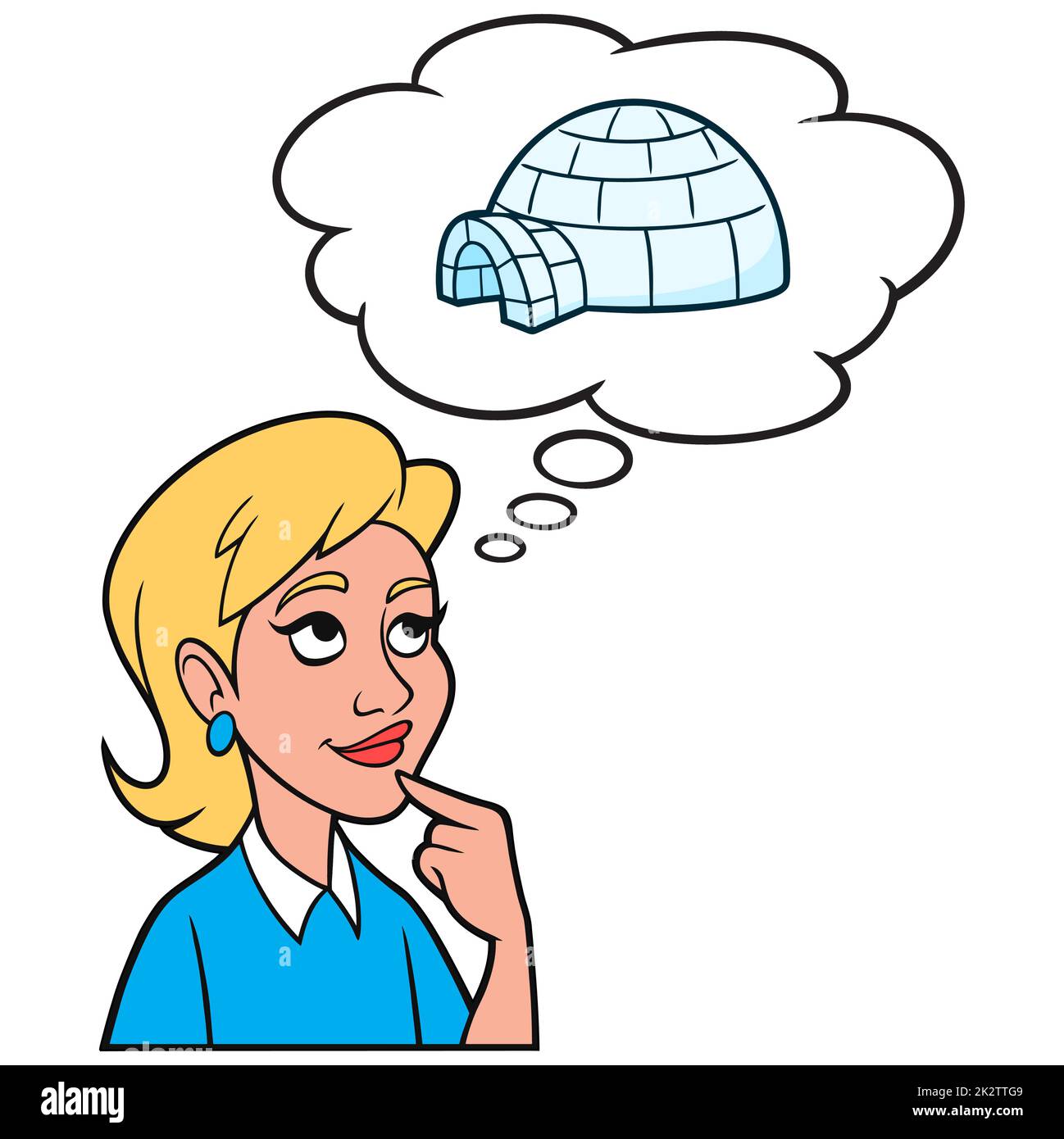 Girl Thinking about an Iglu - Eine Cartoon-Illustration eines Mädchens, das über das Leben in einem Iglu nachdenkt. Stock Vektor